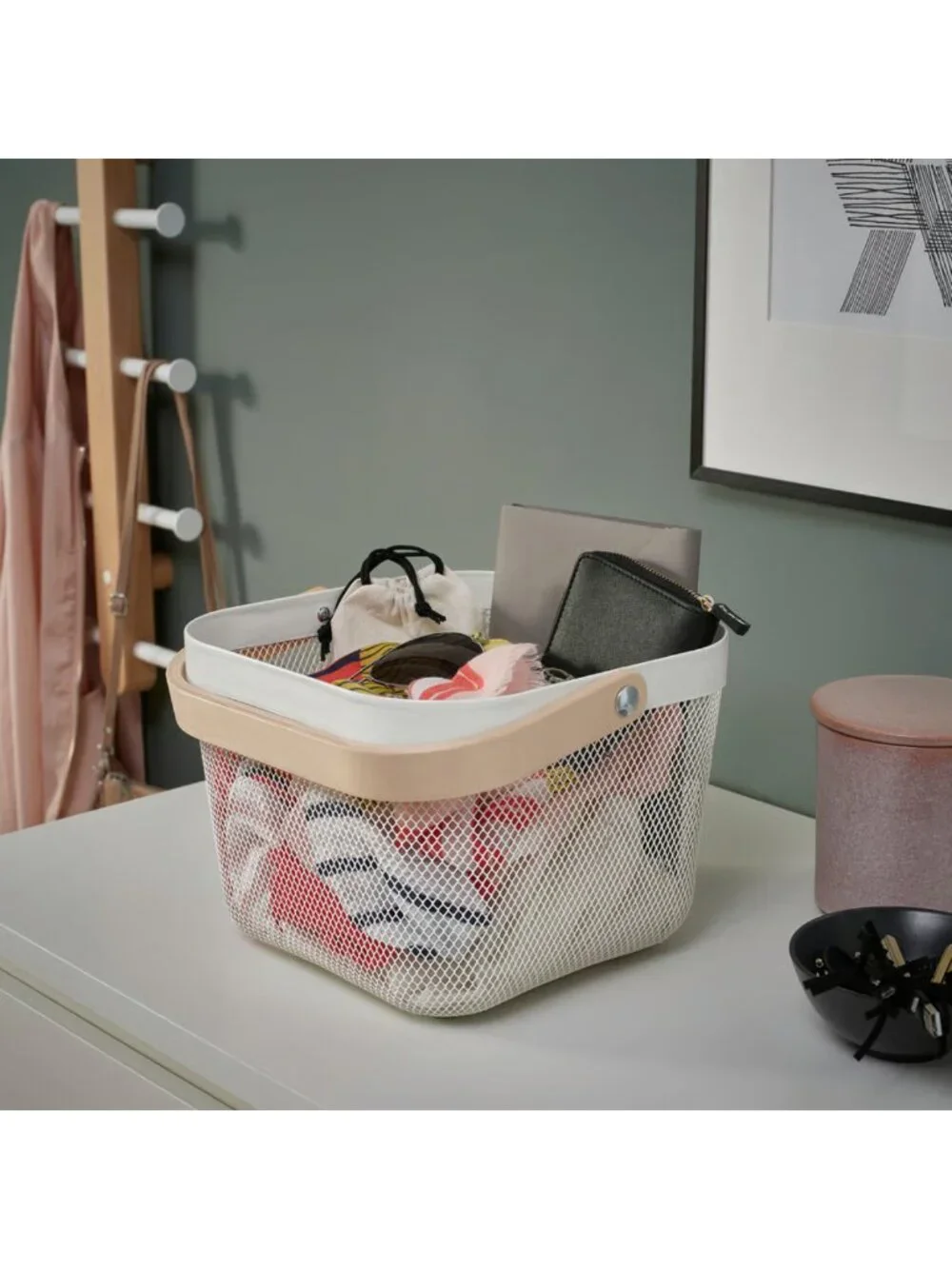 IKEA RISATORP White Metal Mesh Basket Wood Handle Set of 2